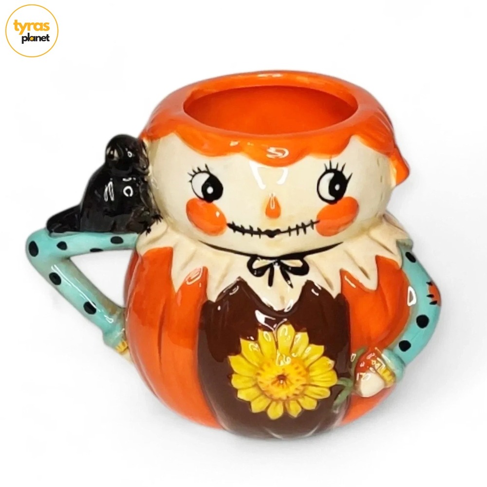Johanna Parker Ceramic Pumpkin Scarecrow Mug Fall Halloween Decor Orange Brown